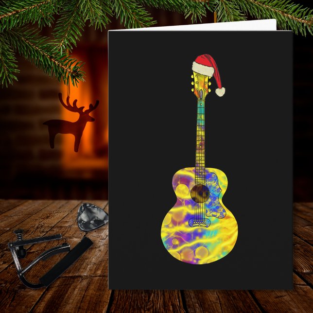 guitar Santa Colorful Kort (Funky Christmas guitar wearing a Santa hat on black music themed holiday greetings card musician)