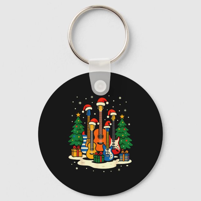 Guitar Santa Hat Christmas Tree Light Funny Music  Nyckelring (Framsida)
