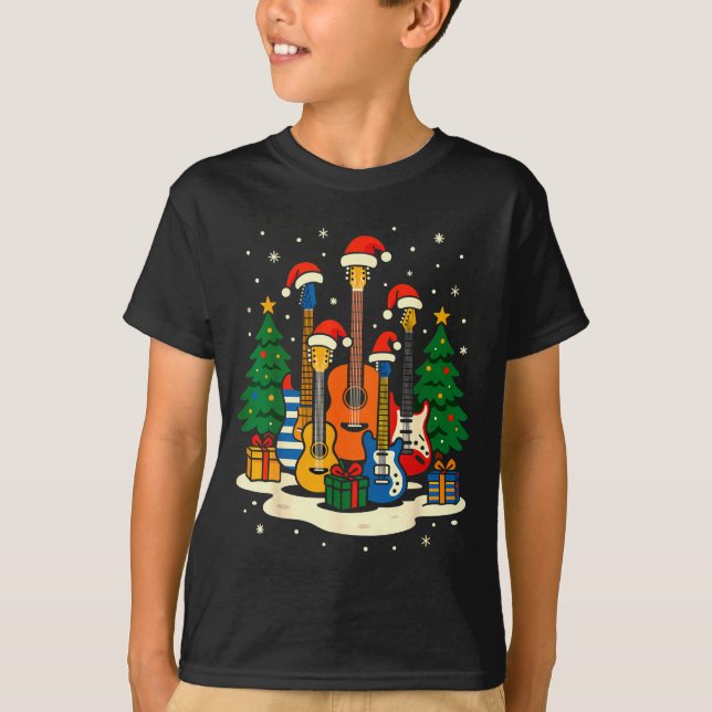 Guitar Santa Hat Christmas Tree Light Funny Music  T Shirt (Framsida)