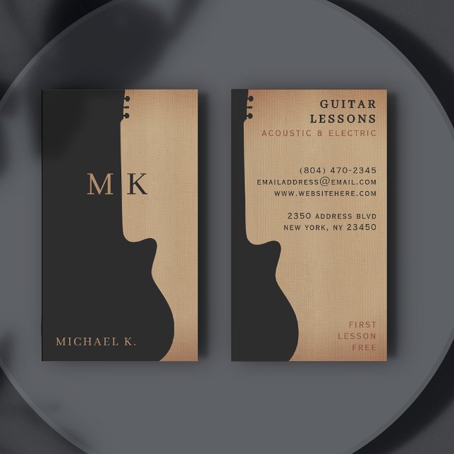 Guitar Silhouette Tan Wood Monogram Guitarist Visitkort (Skapare uppladdad)
