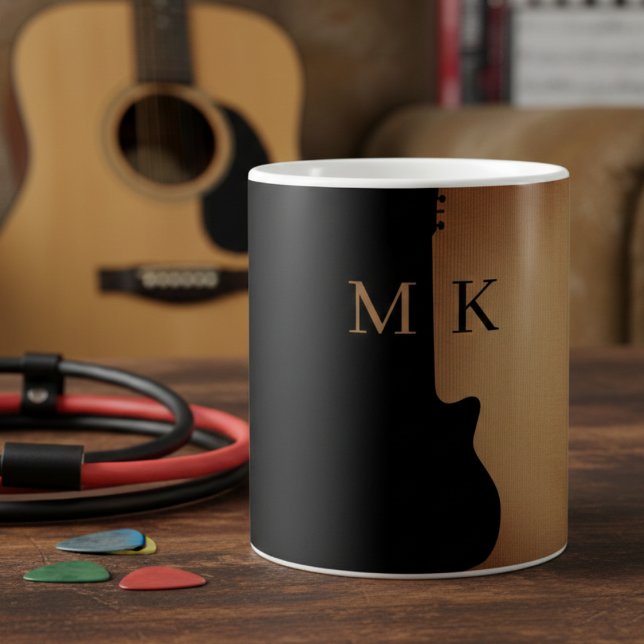 Guitar Silhouette Tan Wood Name Monogram Kaffemugg (Skapare uppladdad)