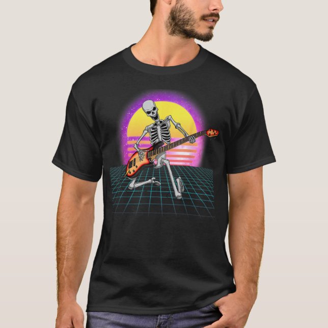 Guitar Skeleton Guitarist Vaporwave Rock and roll T Shirt (Framsida)