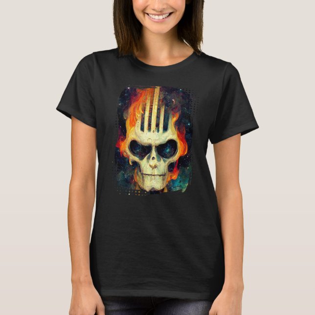 Guitar Skeleton Skull med Flames över Galaxy T Shirt (Framsida)