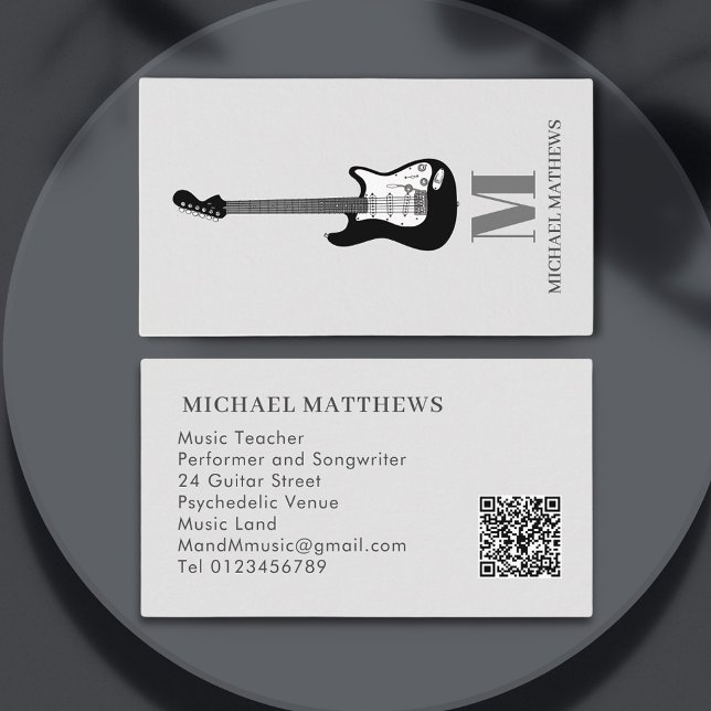 Guitar Songwriter Musician Anpassningsbar Q R Code Visitkort (Professional Music teacher performer songwriter black and white guitar gray qr code business card)
