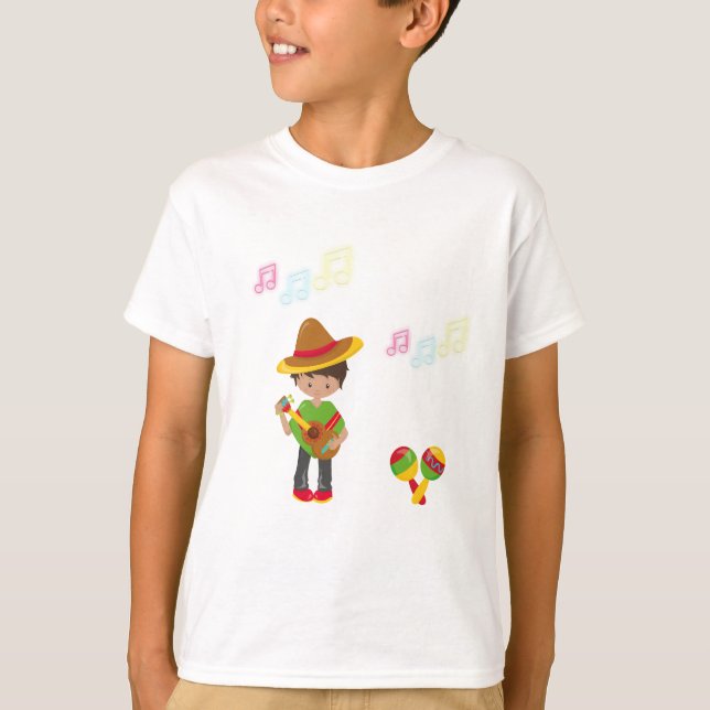 Guitar Spelande Hombre med Maracas Musik noter T Shirt (Framsida)