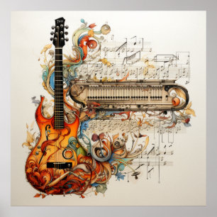 Guitar Tangentbord Music Colorful Abstrakt Poster