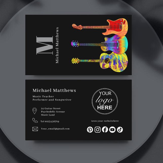 Guitar Teacher Anpassningsbar Logotyp och Social M Visitkort (Modern guitar teacher social media custom logo business card black)