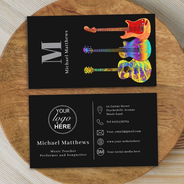 Guitar Teacher Anpassningsbar Logotyp Social Media Visitkort (Modern guitar music teacher professional musician logo and social media black and white Business )