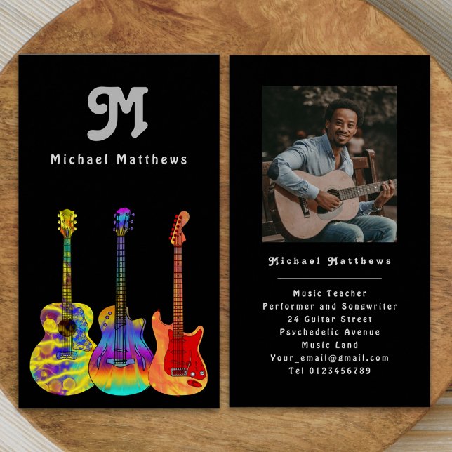 Guitar Teacher Anpassningsbar Photo Retro Affärsko Visitkort (Modern music teacher professional musician gray black photo Business card personalized monogram )