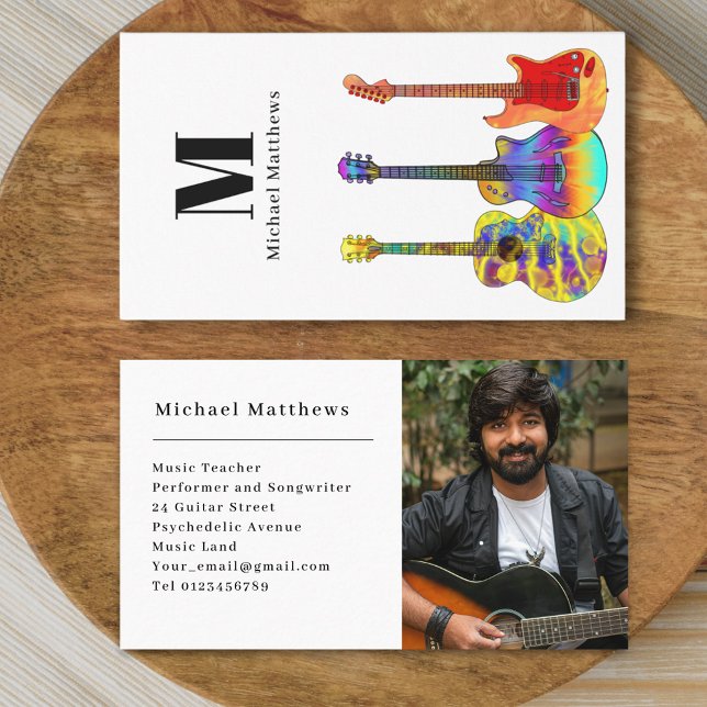 Guitar Teacher Anpassningsbar Photo Visitkort (Modern guitar music teacher professional musician photo Business card Colorful guitar art)