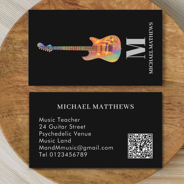 Guitar Teacher Anpassningsbar QR-kod Visitkort (Modern guitar music teacher professional musician qr code Business card Colorful electric guitar art)