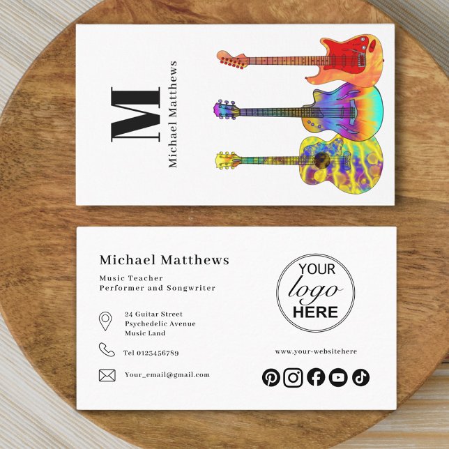 Guitar Teacher Logotyp och Social Media Anpassning Visitkort (Modern guitar music tutor professional musician logo social media Business card)
