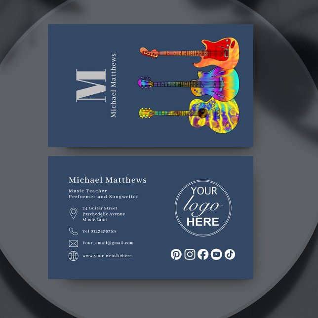 Guitar Teacher Logotyp och Social Media Anpassning Visitkort (Modern guitar music teacher logo and social media custom blue business card)