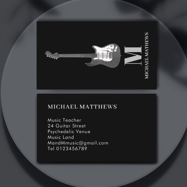 Guitar Teacher Monogrammed Simple Black and White Visitkort (Guitar music teacher black and white professional business card)