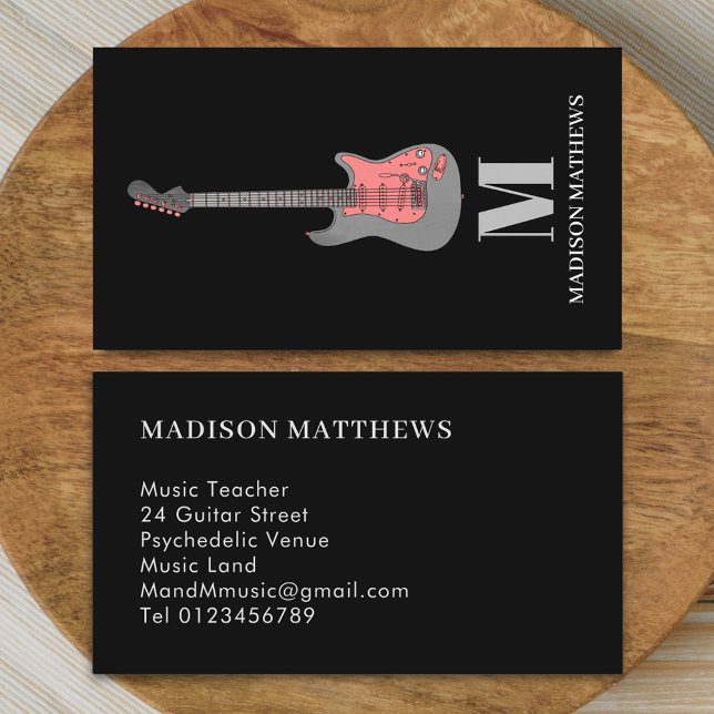 Guitar Teacher Monogrammed Simple Black Rosa Visitkort (Modern minimalist guitar music teacher professional musician pink and black monogram Business card)