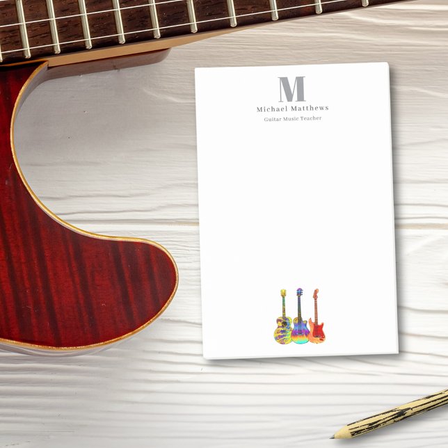 Guitar Teacher Music Business Anpassningsbar Mongr Post-it Block (Guitar teacher music business custom monogram post-it notes with colorful guitars)