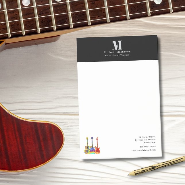 Guitar Teacher Music Lessons Anpassningsbar Busine Post-it Block (Guita music teacher custom business post-it notes with monogram and contact details)
