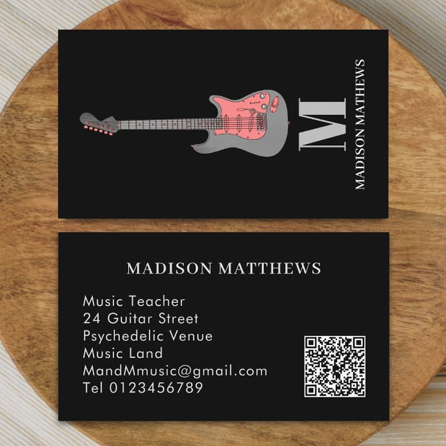Guitar Teacher Music Lessons Q R Code Rosa Visitkort (Modern guitar music tutor professional musician Pink gray and black qr code Business card monogram)
