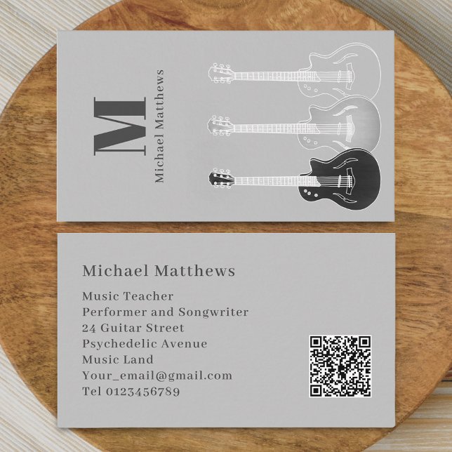 Guitar Teacher Music Professionell Anpassningsbar  Visitkort (Modern guitar music teacher professional musician qr code gray Business card )