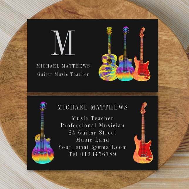Guitar Teacher Musician Anpassningsbar Visitkort (Stylish guitar teacher musician custom business card)