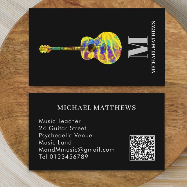 Guitar Teacher Professionell Anpassningsbar QR-kod Visitkort (Modern guitar music teacher professional musician qr code Business card colorful psychedelic guitar )