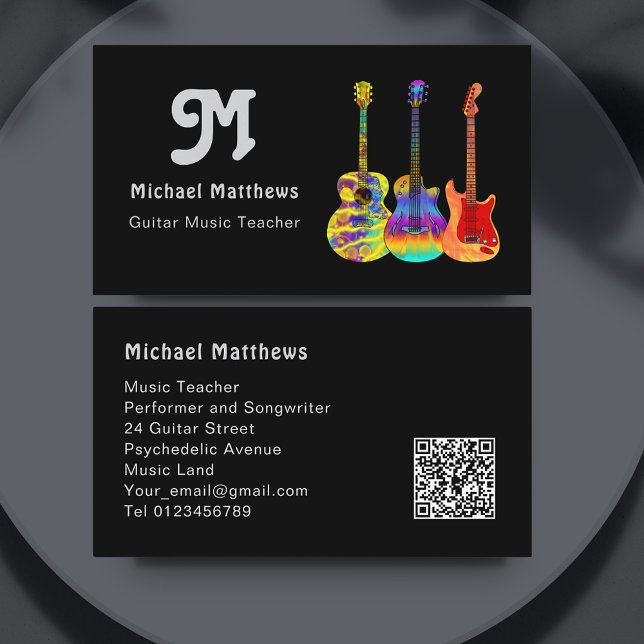 Guitar Teacher QR Code Anpassningsbar Visitkort (Modern Guitar Teacher Social Media Logo custom template sleek black Business Card  )