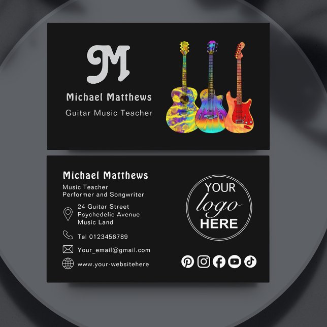 Guitar Teacher QR Code Anpassningsbar Visitkort (Retro guitar teacher custom logo social media black business card)