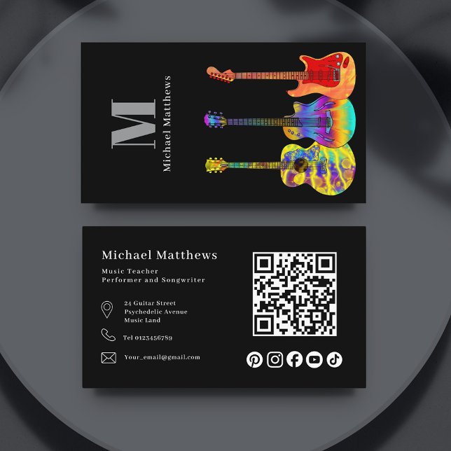 Guitar Teacher QR Code och Social Media Anpassning Visitkort (Guitar teacher qr code and social media custom business card)