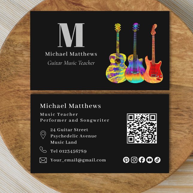 Guitar Teacher QR Code och Social Media Anpassning Visitkort (Guitar teacher musician qr code social media custom business card)