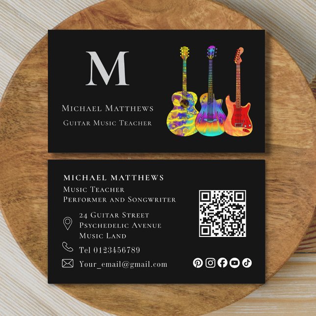 Guitar Teacher QR Code Social Media Visitkort (Modern guitar teacher qr code and social media custom business card)