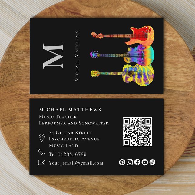 Guitar Teacher QR Code Social Media Visitkort (Stylish guitar tutor qr code and social media custom business card)