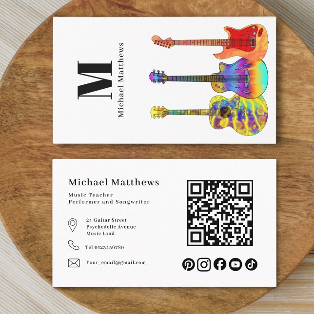 Guitar Teacher QR-kod och Social Media Anpassnings Visitkort (Modern guitar music teacher professional musician qr code & social media black & white Business Card)