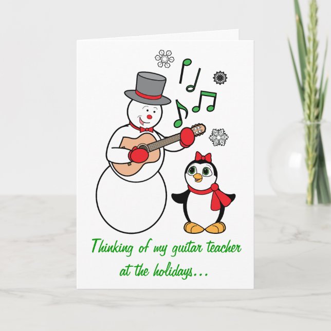 Guitar Teacher Snögubbe och Penguin Helgdag Card Helgkort (Framsida)