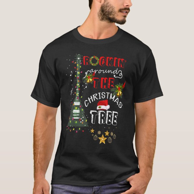 Guitar Tree Lights Rocking Music Merry Christmas C T Shirt (Framsida)