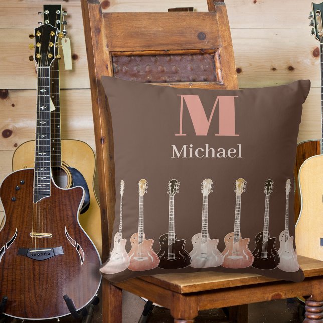 Guitarist Monogrammed Guitars Brown Kudde (Guitar lovers monogram brown rustic pillow)