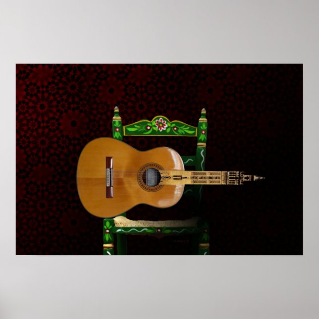 Guitarra española con Giralda de Sevilla y silla. Poster (Framsidan)