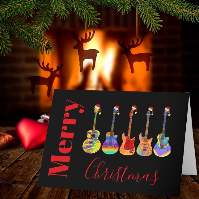 Guitars jul Musical Jazzy Colorful Helgkort (Merry Christmas guitars wearing Santa hats cool music themed holiday card)