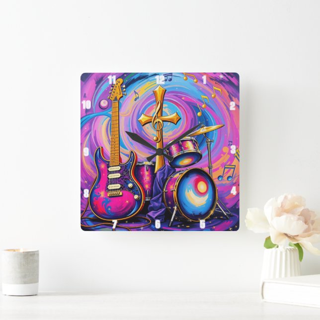 Guitars Music Worship Kor Art Fyrkantig Klocka (Hem)