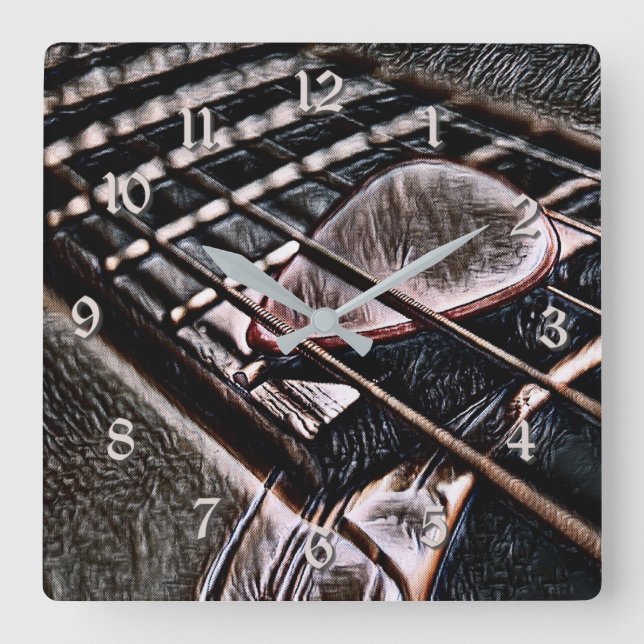 Guitarsträngar i Vägglåset i läder Fyrkantig Klocka (Framsida)