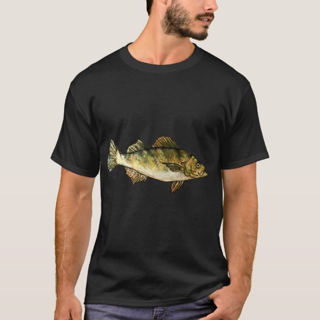 Gul Abborre Fisk Ritning- Mörkgrön T Shirt (Framsida)