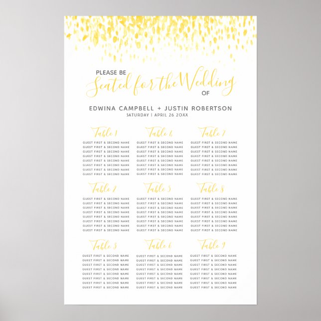 Gul abstrakt akvarellkonst bröllopsbord plan poster (Framsidan)