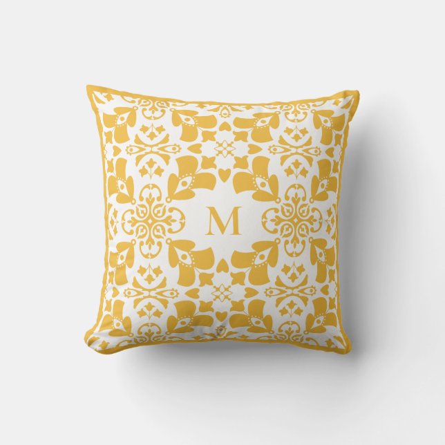 Gul Abstrakt Blommig Mönster Modern Monogram Kudde (Framsida)
