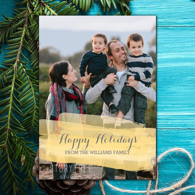 Gul akrylpenseldrag Semester Fotokort Julkort (Yellow Watercolor Brushstroke Holiday Photo Card)