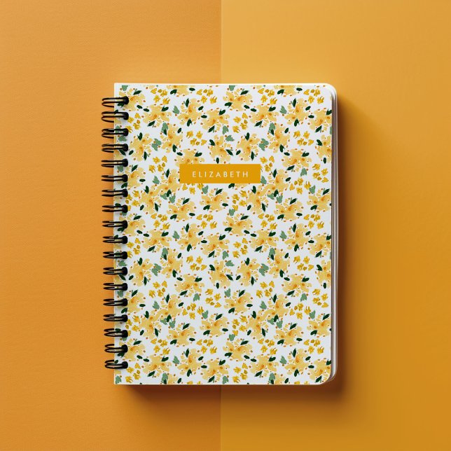 Gul akvarell Blommig Trädgård Personlig Anteckningsbok (Yellow watercolor floral garden personalized notebook.)