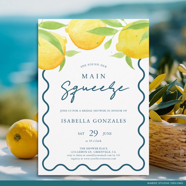 Gul akvarell citron bröllopsdusch inbjudan (The front of the invitation is shown at a 5x7 inch. Choose size, paper, + corner style.)