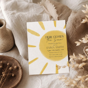 Gul akvarell Här kommer solen Baby Shower Inbjudningar