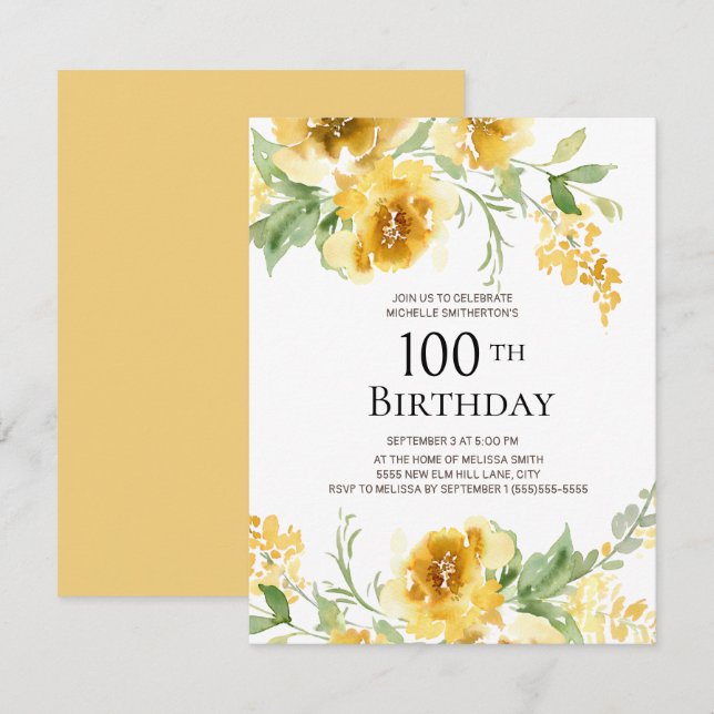 Gul akvarellblomma Grönska 100-årsdag Inbjudningar (Fram/baksida)