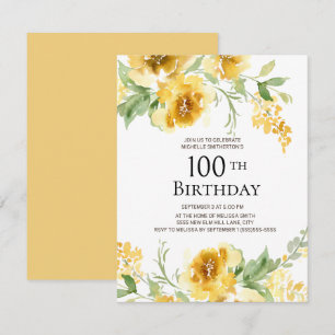 Gul akvarellblomma Grönska 100-årsdag Inbjudningar
