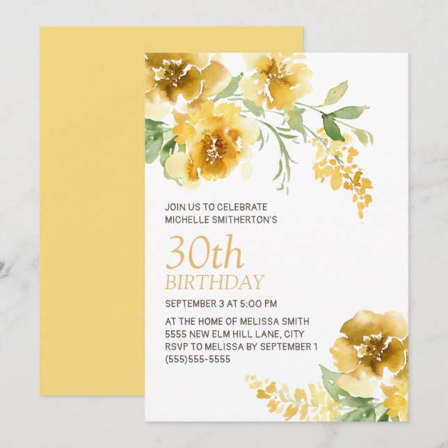 Gul akvarellblomma Kvinnors 30-årsdag  Inbjudningar (Fram/baksida)