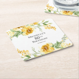 Gul akvarellblommig grönska 80-årsdag underlägg papper kvadrat